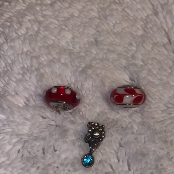 Trio Pandora Red and Silver Charms (2) 925 Sterling with silver Turquoise Accent - Picture 3 of 4